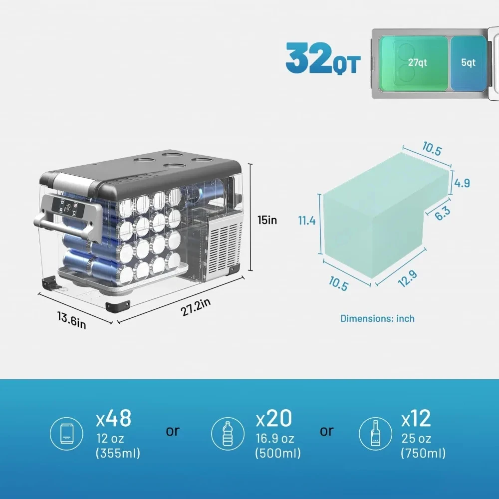 Volt  Freezer, 32 Quart (30.6 Liter) Fast Cooling 12V Fridge -4℉~68℉