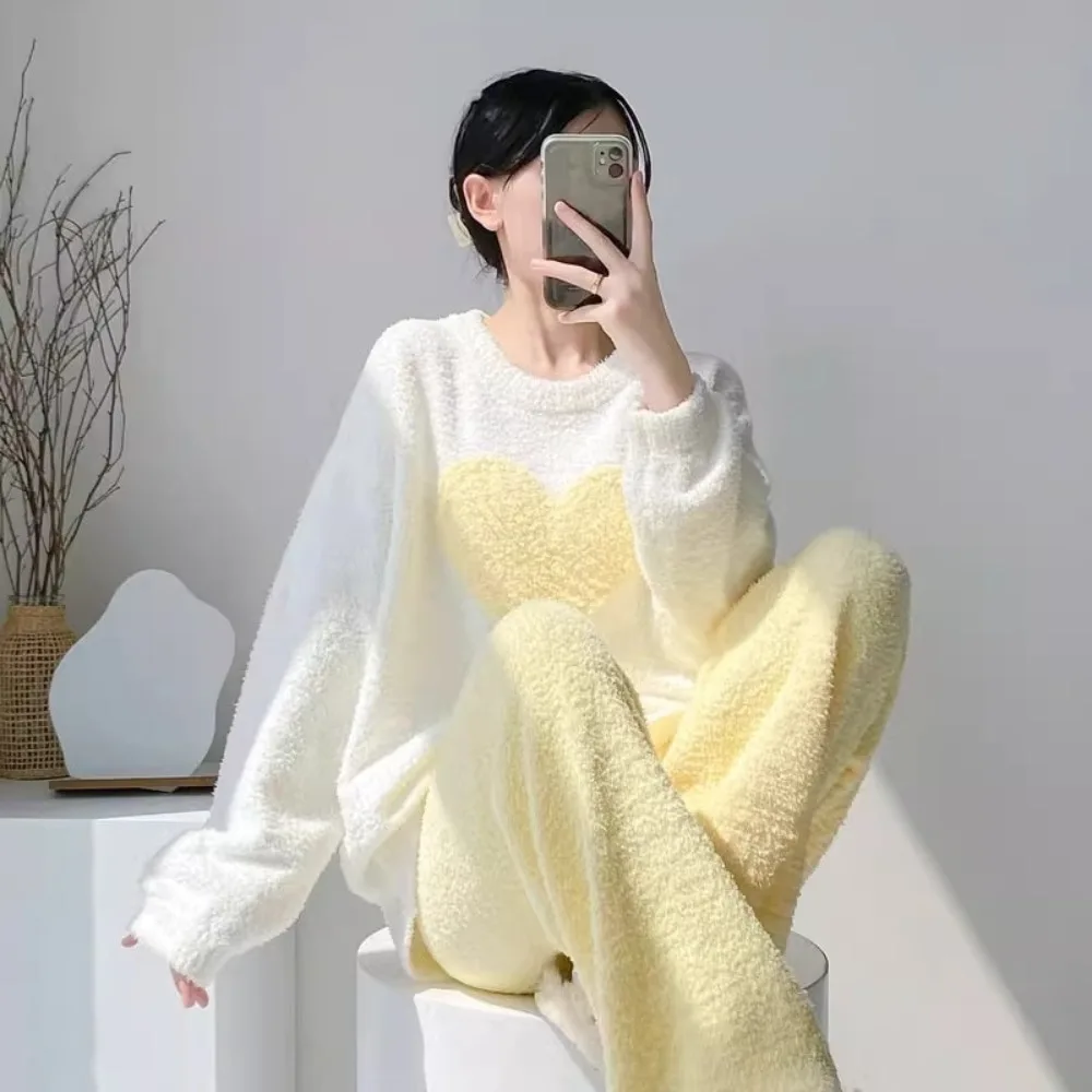 Inverno amor meia lã pijamas feminino solto e velo quente, doce e bonito estilo casa roupas conjunto de duas peças