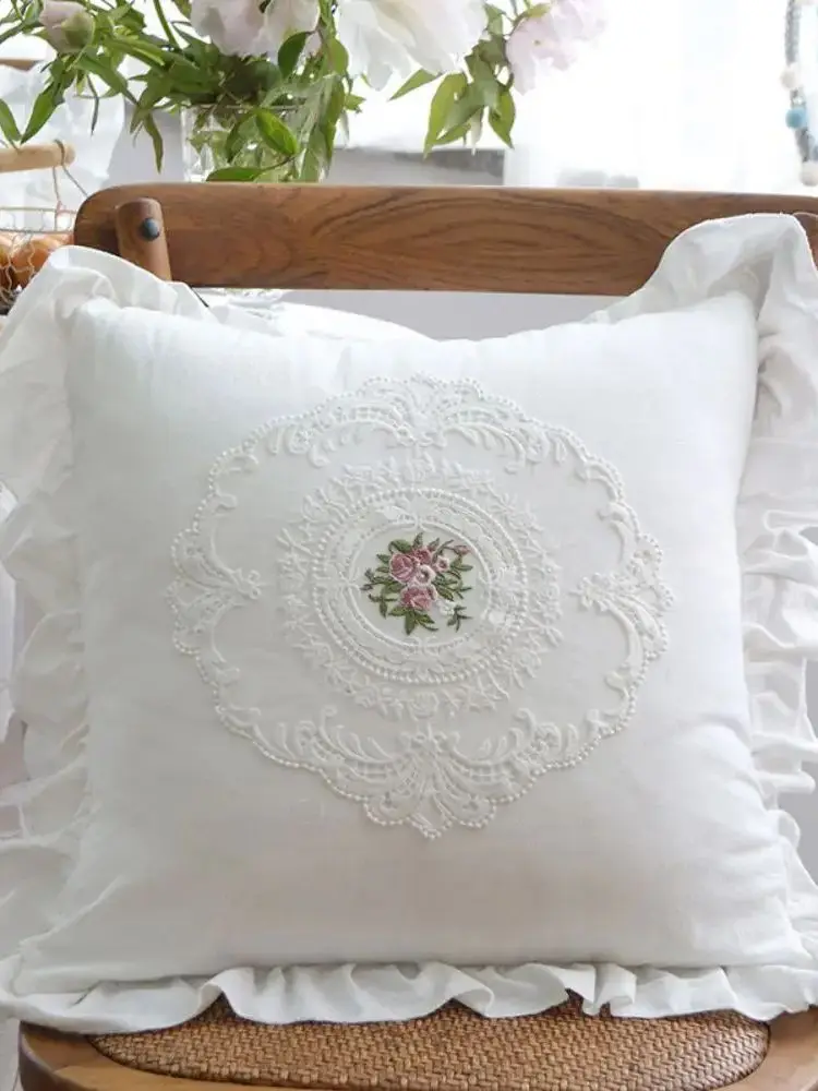 BUYNOW-funda de almohada de encaje bordado con flores, funda de cojín idílico para sala de estar, sofá, decoración para silla de montar, cojines para sala