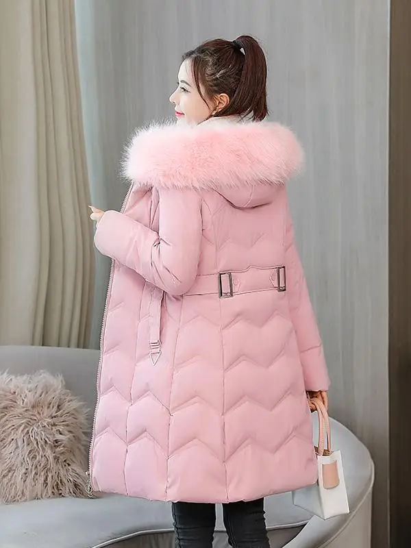 Detachable Large Fur Collar down Cotton Jaet Women's Mid-Length Korean Sle Winter Coat Warm Thiened Zipper Closure