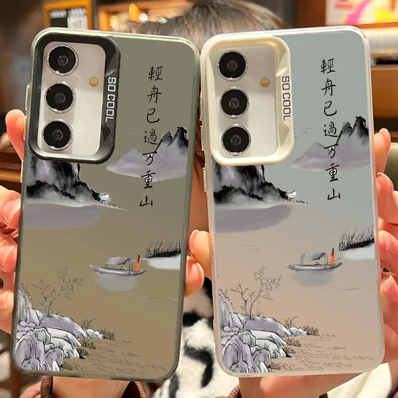 Chinese Ink Painting Boat For Samsung Galaxy Note 20 S20 Plus Lite Ultra FE 5G Matte Colored Silver Phone Case Cover