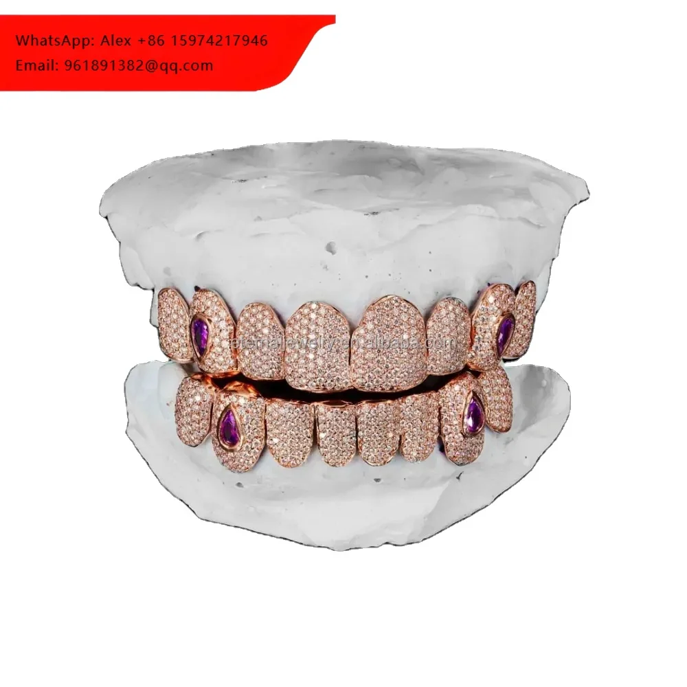 

Custom Hip Hop Jewelry Teeth Top&Down 925 Silver Vvs Natural Round Cut Diamond 10K 14K Fully Iced Out Moissanite Grillz For Mens