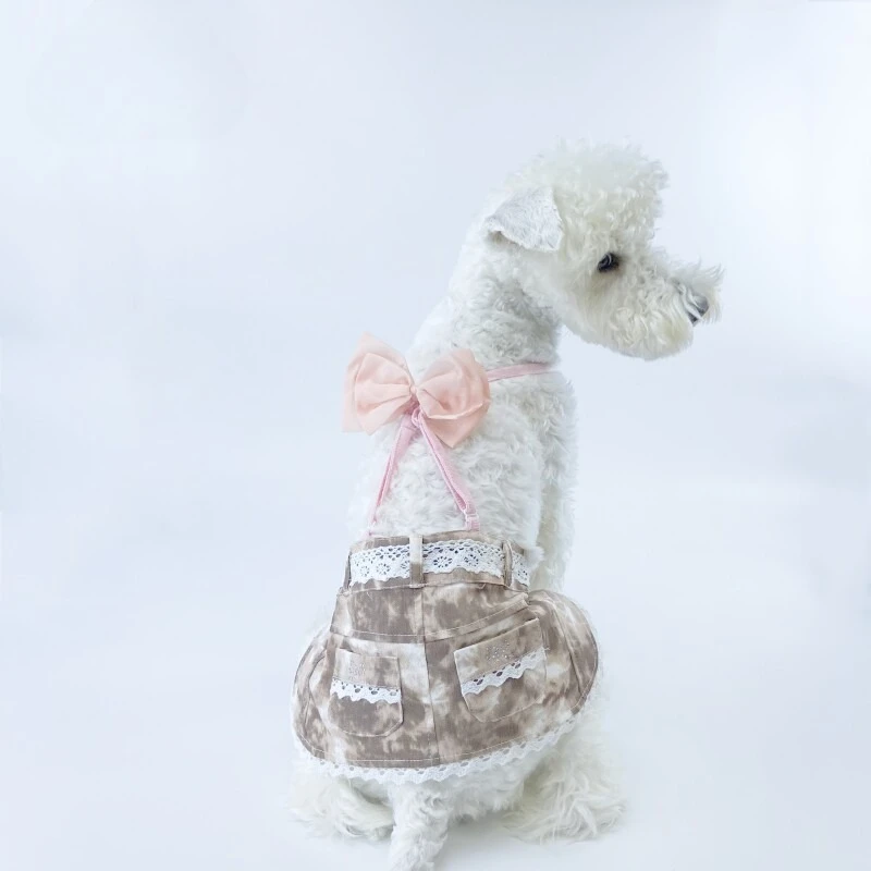 Cotton Denim Dog Suspender Dress Lace Trim Bow Decor Pet Dress with Pocket Cute Summer Clothes for Small Medium Dogs Wear