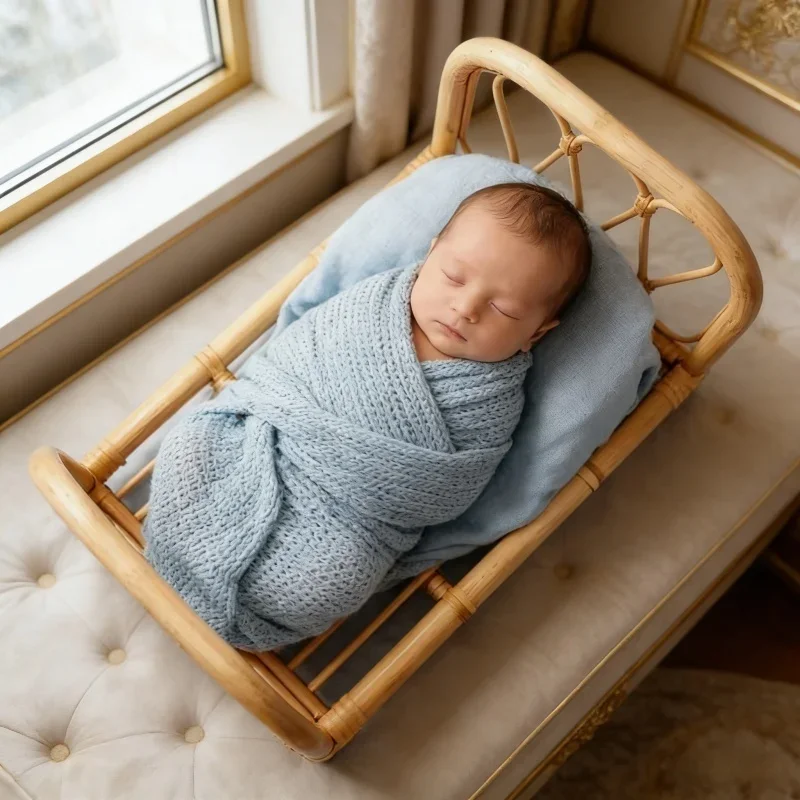 1pc Handmade Vintage Rattan Posing Bed Infant Photography Prop Studio Photo Background Accessory Baby Boy Girl Photo Shoot Tool