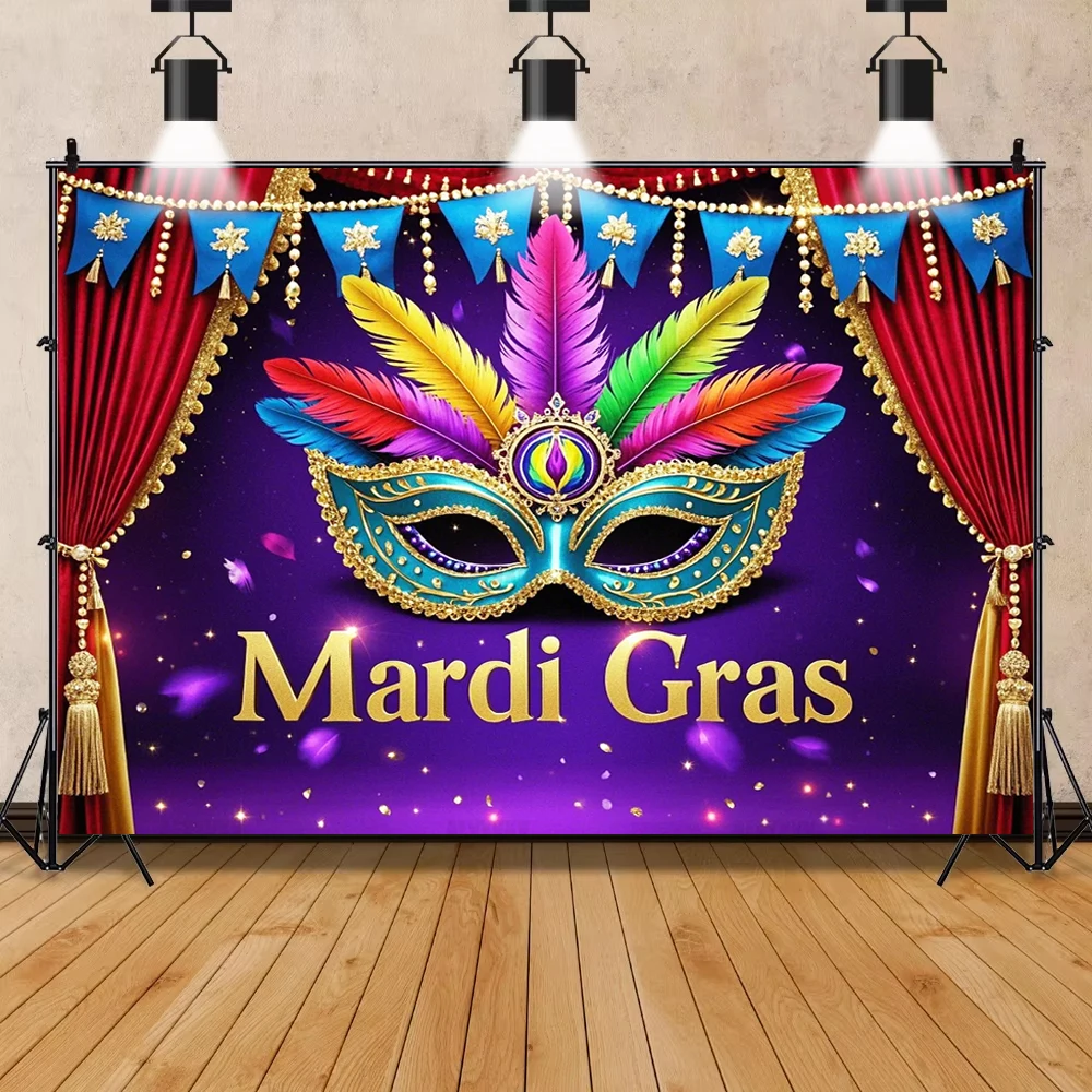 Mardi Gras Brazil Carnival Masquerade Mask Feather Beads Purple Green Gold Backdrop Custom Photo Booth Party Decor Banner Props