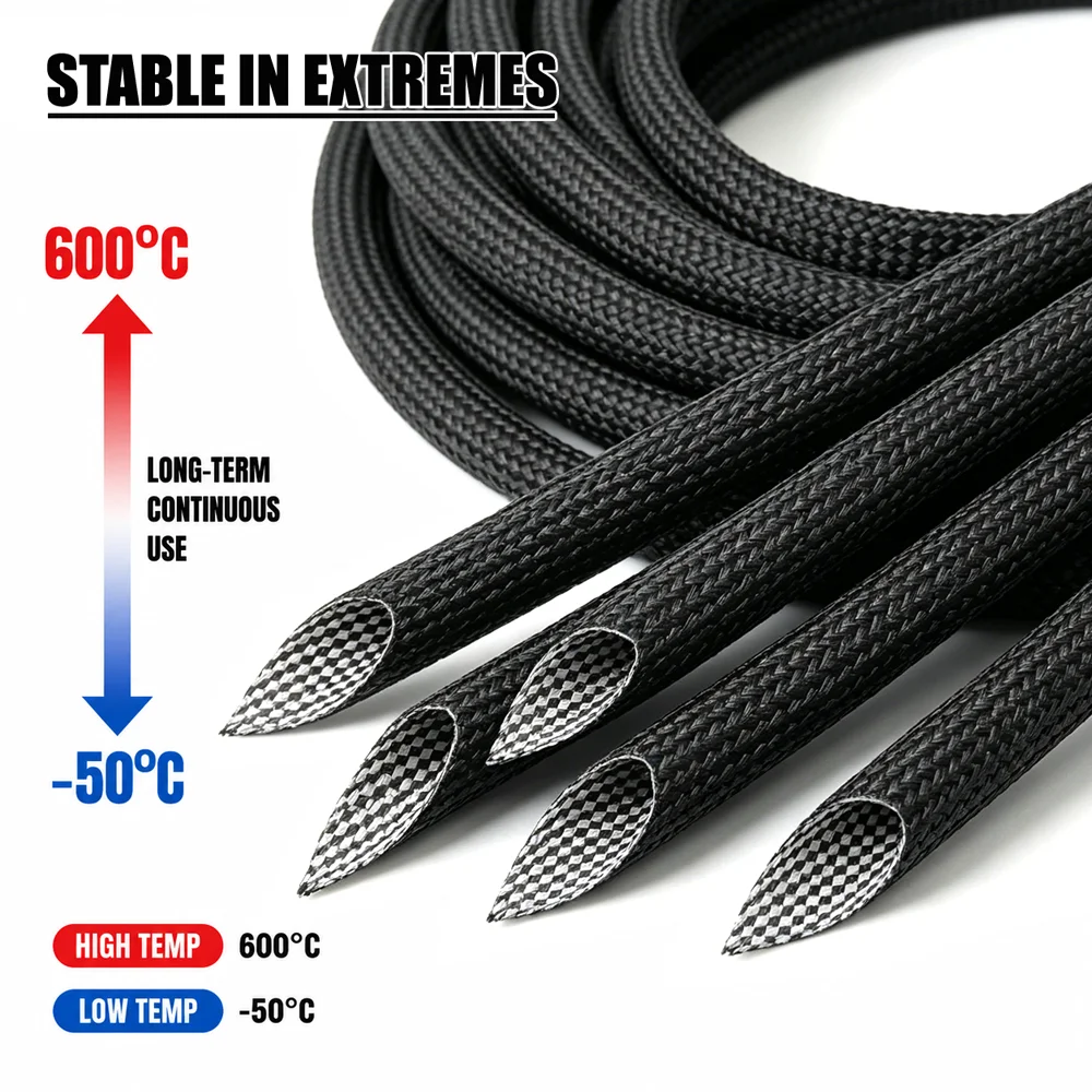 Black 600 Deg C Glassfiber Sleeve ID 1-30mm Flame Retardant/Wire Harness High-Temperature Insulation Protective Sleeve