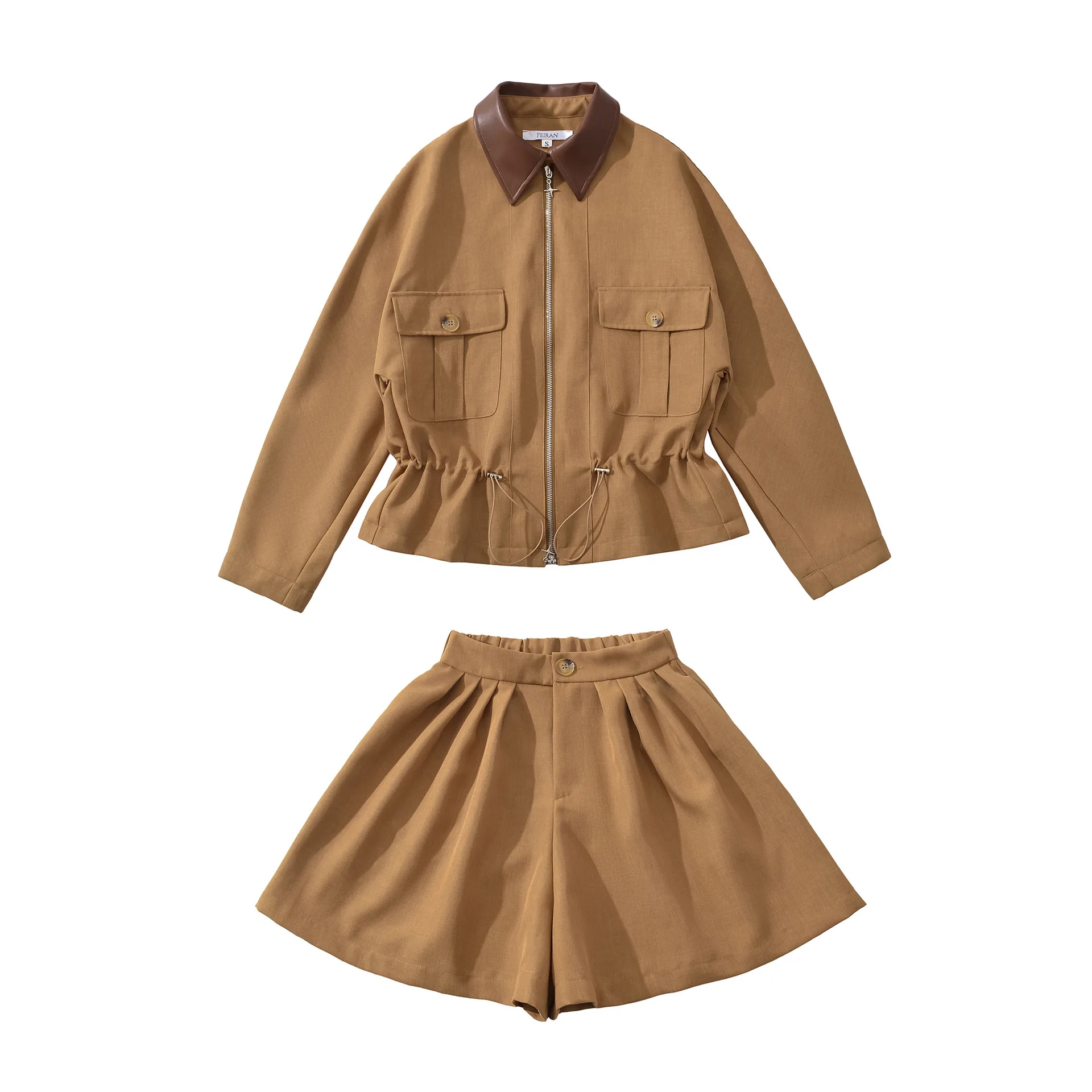 Set corto autunnale in due pezzi Colletto con risvolto Giacca da safari in vita con coulisse + Mini pantaloncini a gamba larga in vita elastica Cappotto ampio streetwear