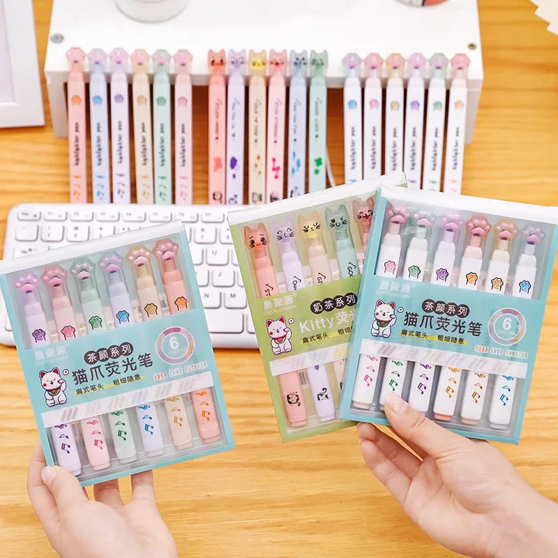 

6Pcs/Set Kawaii Cat Claw Highlighter 6 Colors Cute Kitty Marking Pen Oblique Marker Children Gift Watercolor Pen School Supplies