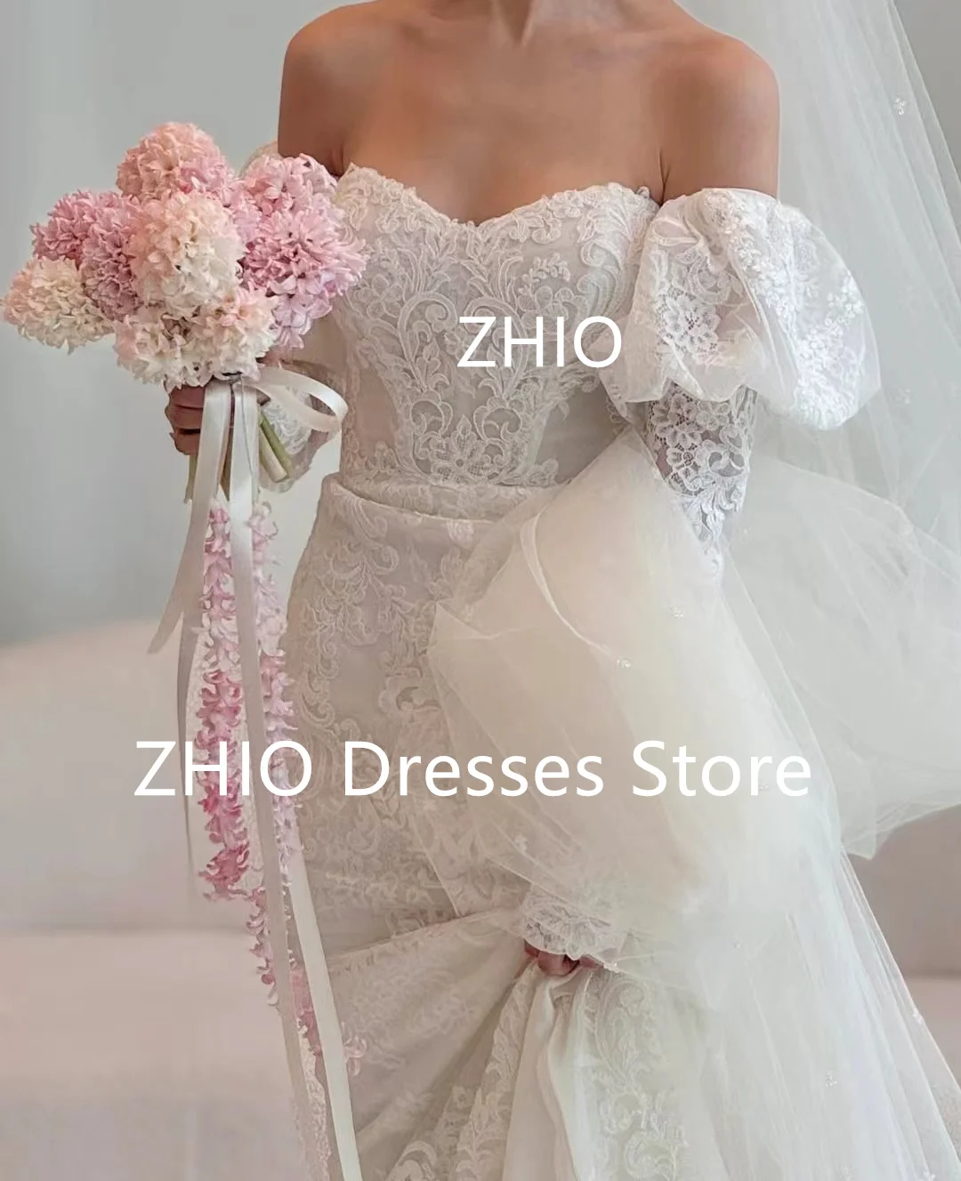ZHIO ชุดแต่งงานลูกไม้ Mermaid พัฟแขนเกาหลีถ่ายภาพ Sweep Train ชุดเจ้าสาวรัดตัวที่กําหนดเอง Elegant 
