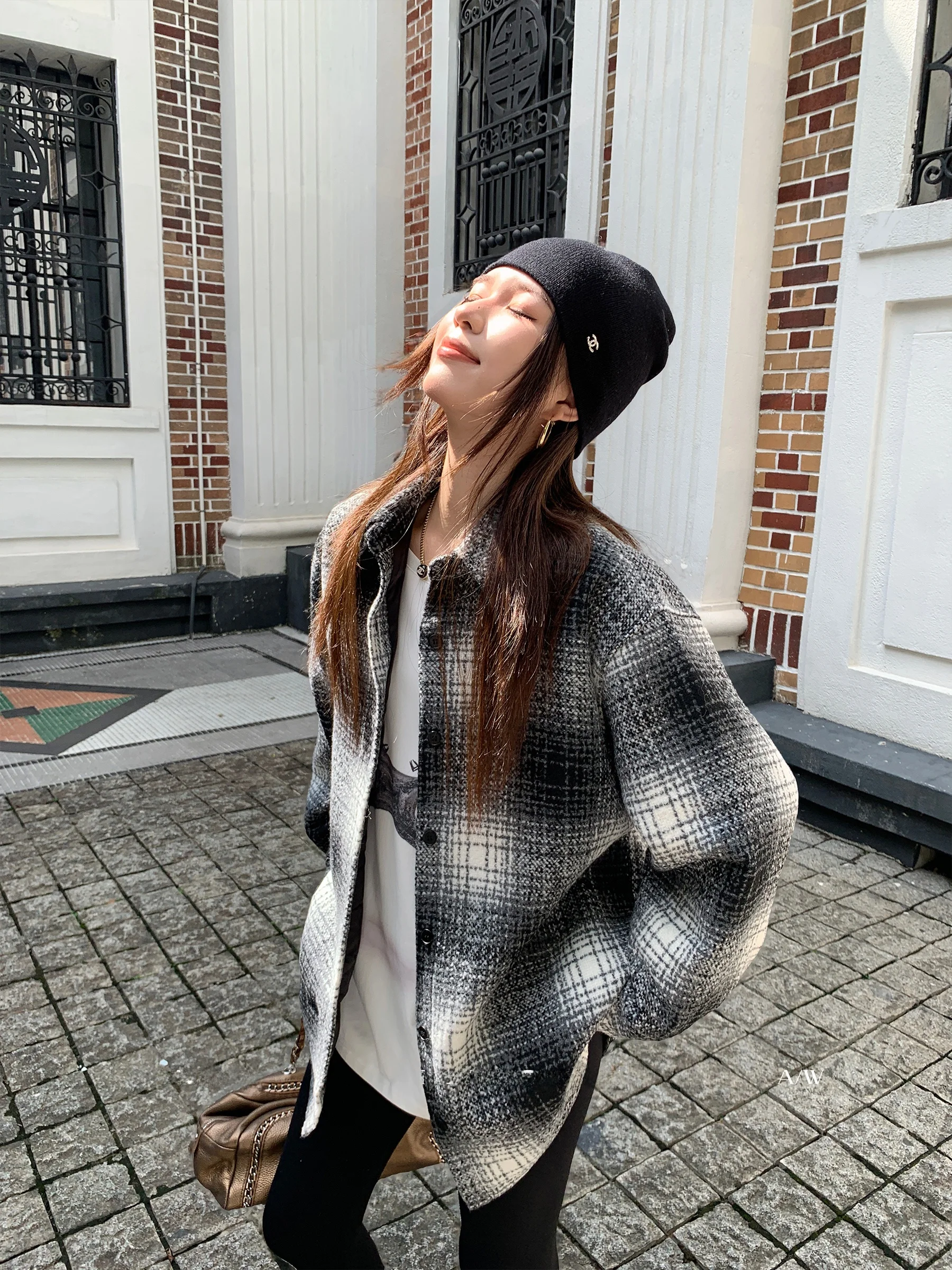 

Шерстяное пальто Sam Seoi в клетку, повседневное, свободного кроя, женская модная верхняя одежда, черно-белое, стройнящее, повседневный топ для женщин