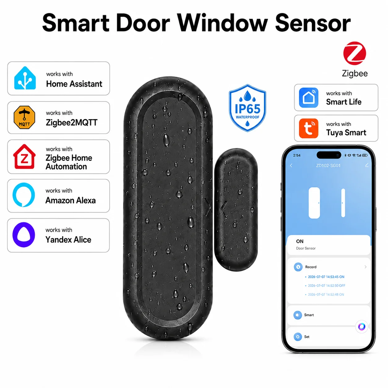 Image of IP65 Wasserdichter Zigbee Tür- und Fenstersensor Zigbee 3.0 Magnetdetektor Zigbee Gateway erforderlich Kompatibel mit Alexa Zigbee2MQTT ZHA