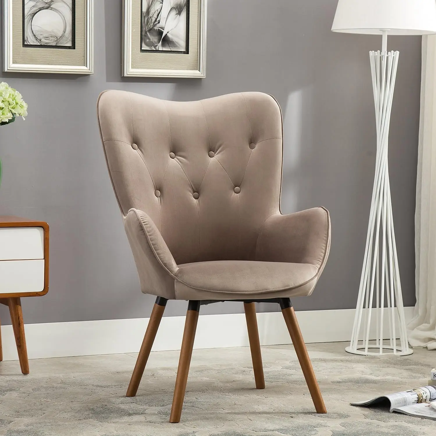 

Contemporary Silky Velvet Tufted Button Back Accent Chair Living Room Bedroom Taupe Customized