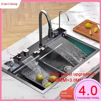 Évier de cuisine en acier inoxydable gaufré, Double cascade, grand évier à affichage numérique à fente unique, lavabo pour étang à la vaisselle