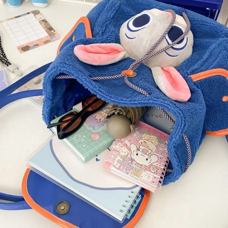 Disney Series Judy Plush Shoulder Bag Fashion Cartoon Cute Shoulder Bag Drawstring Style Outdoor Travel Anime Backpack Zootopia