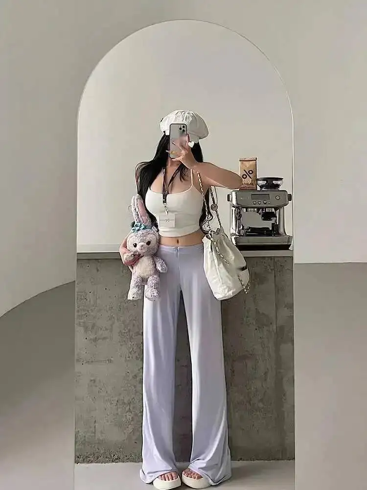 رغبة نقية كسول نمط منخفضة الخصر معلقة الشعور فضفاض التخسيس مستقيم الساق واسعة الساق سراويل تقليدية الطابق سراويل أنيقة AH1E