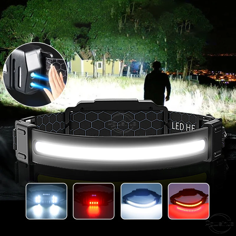 

COB LED Headlamp Sensor Headlight with Built-in Battery Flashlight USB Rechargeable Head Lamp Torch 5 Lighting Modes Work Light