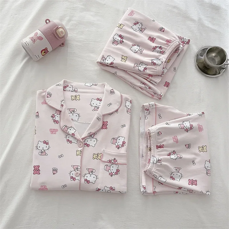 Sanrio\'s new Hello Kitty silk pajamas female cute cartoon pure cotton three-piece set loose and comfortable home pajamas