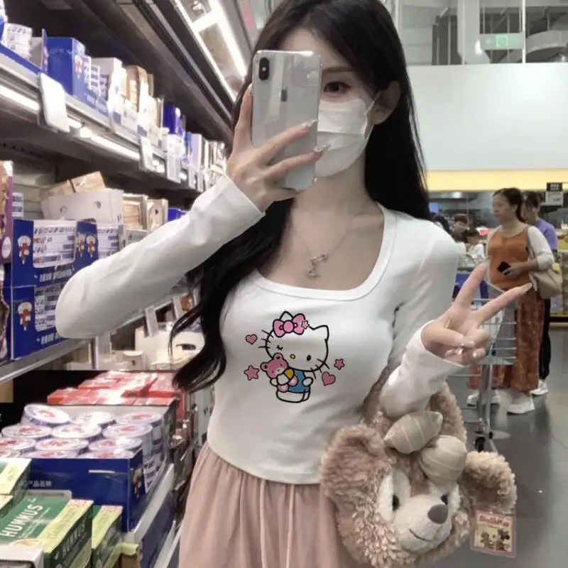 

Sanrios Kawaii студенческие футболки с длинными рукавами «Hello Kitty», универсальные милые повседневные удобные модные принты, креативная горячая распродажа