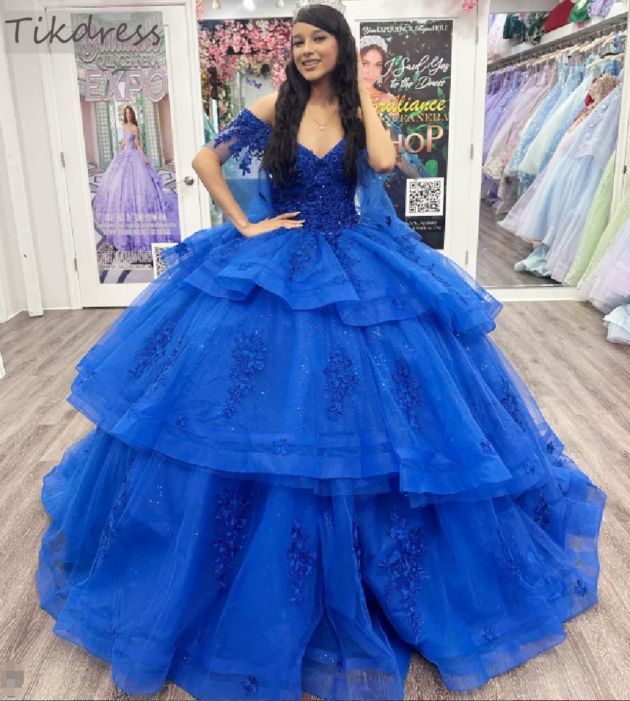 

Luxury Royal Blue Quinceanera Dresses 2026 Off Shoulder Tiered Ruffles Lace Sweet 16 Dress Elegant Vestidos De 15 Años Birthday