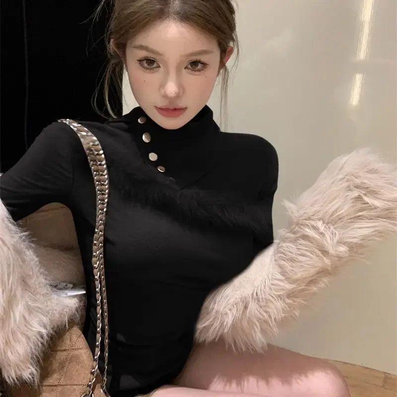 Nice Autumn Winter New Interior Lapping Fashion Patchwork Turtleneck Long Sleeve T-Shirts Ladies Fashionable Irregular Pullover