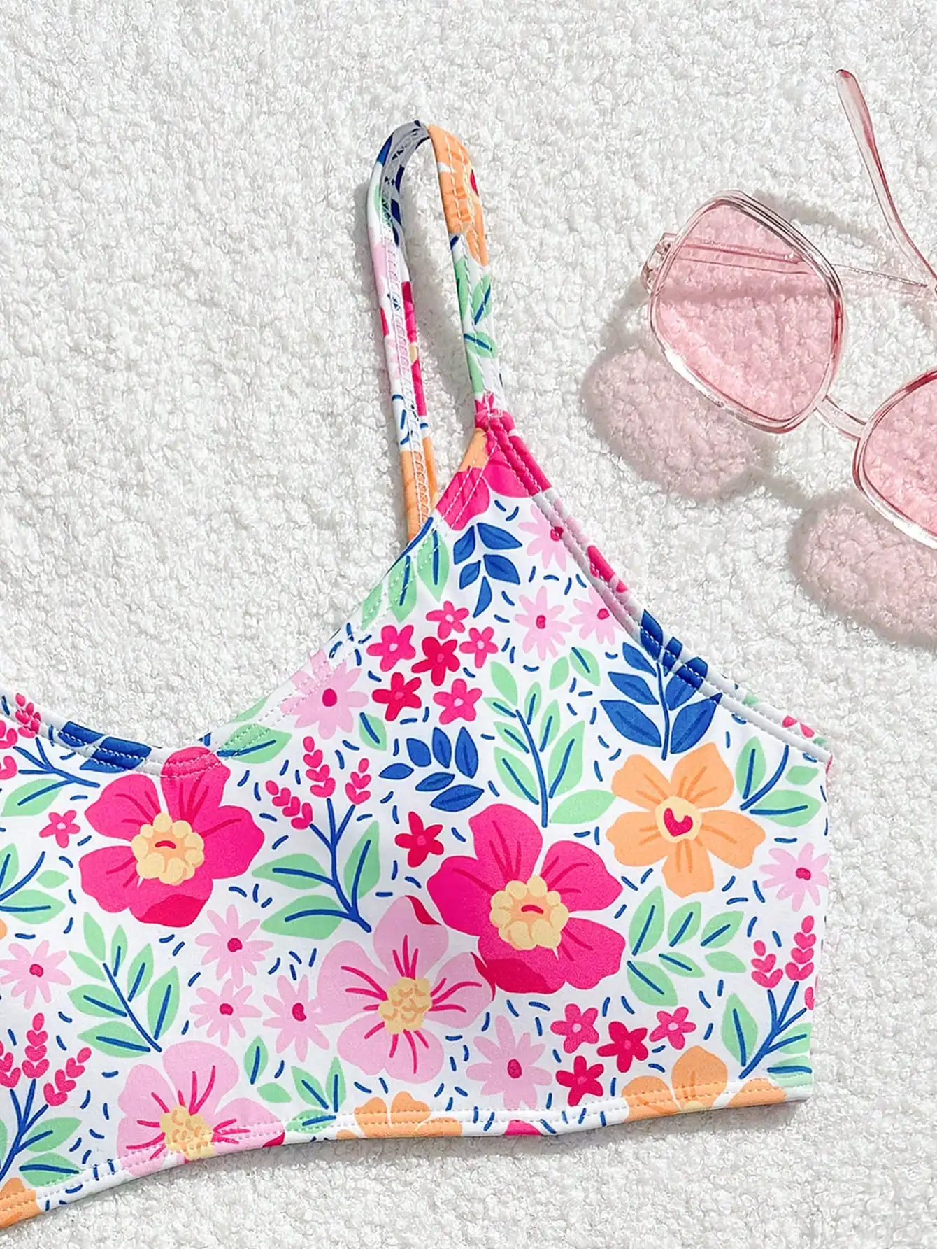 

Комплект бикини с цветочным принтом, топом-бандо и однотонными плавками для женщин