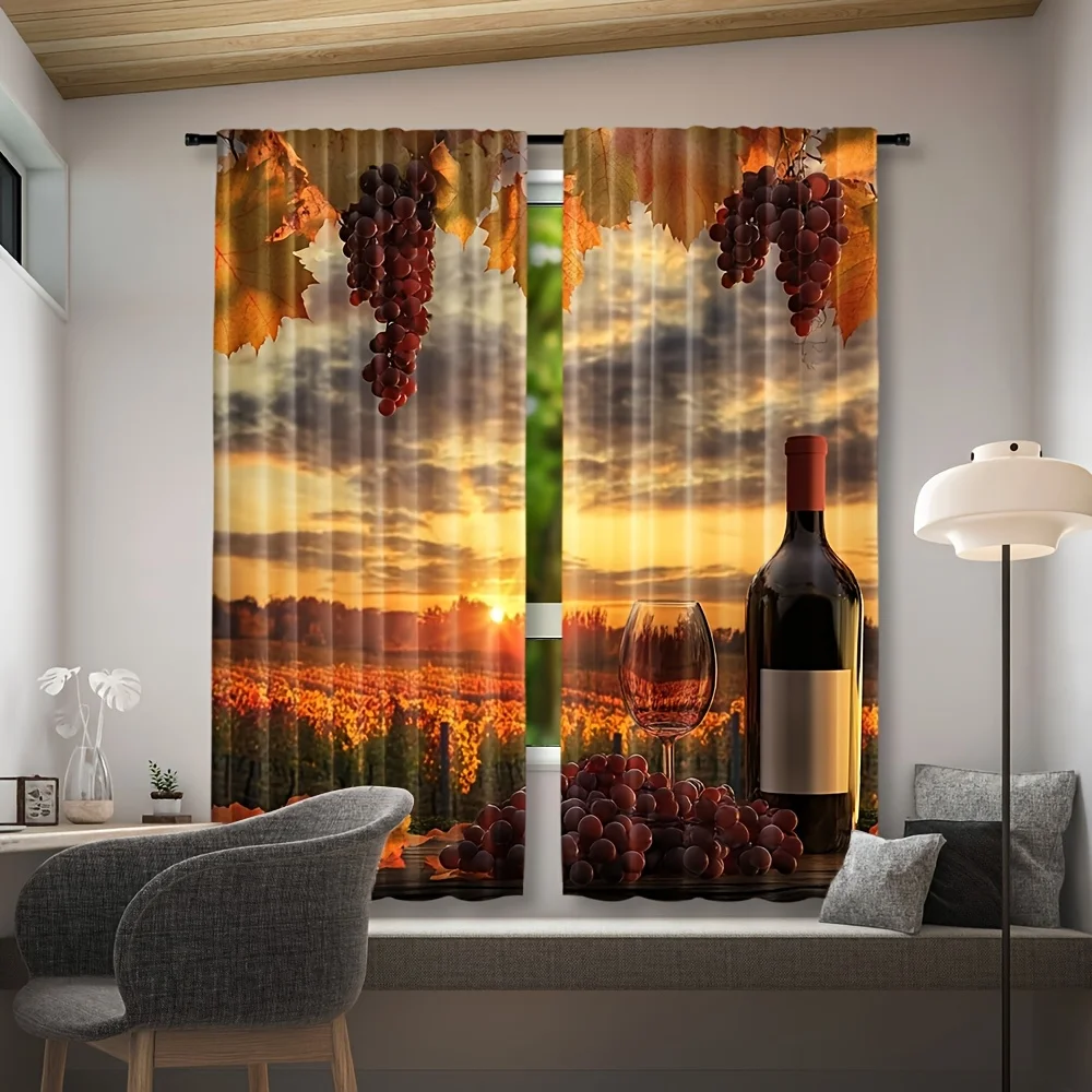 2pcs Vineyard Sunset Curtains Wine Bottle Grape Cluster Print Drape Dining Room Window Treatment Autumn Harvest Home DecorPanels