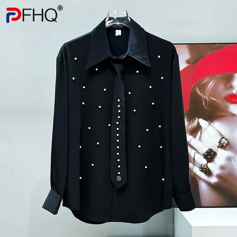 PFHQ المتخصصة تصميم وسادة الكتف التلبيب طوق قميص رجالي بأكمام طويلة العصرية اللؤلؤ 2025 كوريا موضة الذكور بلايز 21E3685
