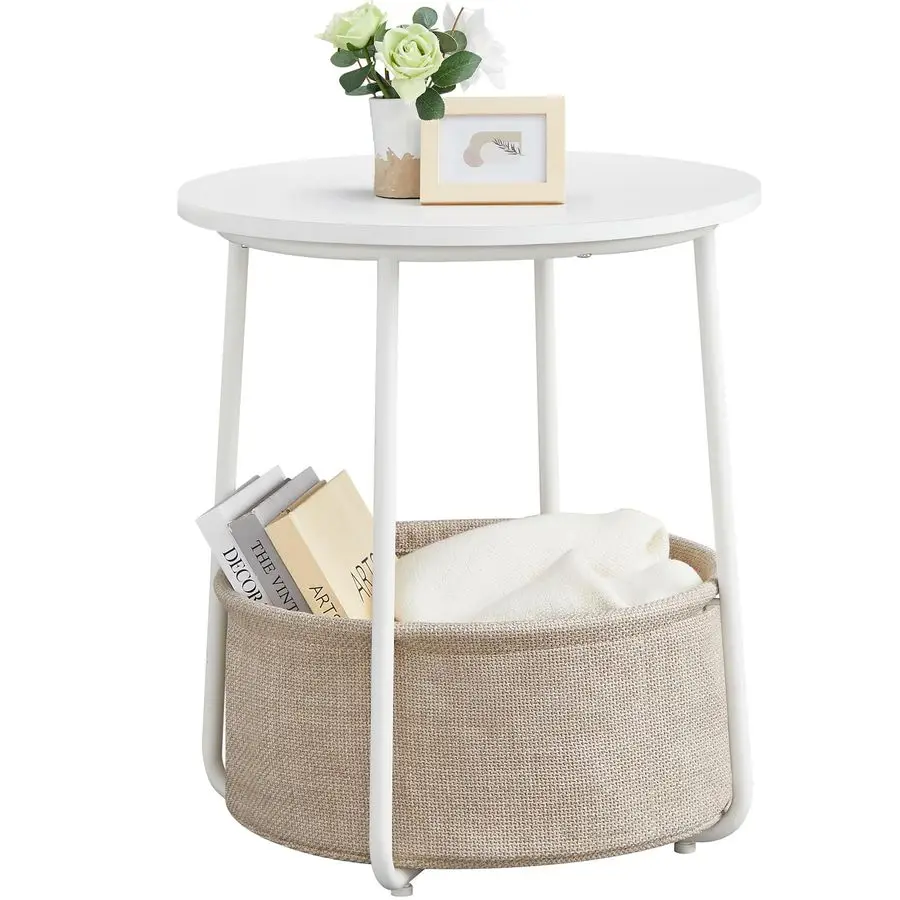 

LILEA Collection Small Round Side End Table, Modern Nightstand with Fabric Basket, Matte White and Camel Brown ULET223W10