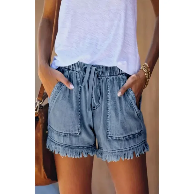 New High Waist Tassel Drawstring Denim Shorts Female Summer Korean Version Raw Edge Wide Leg Loose Plus Size Jean Shorts Women