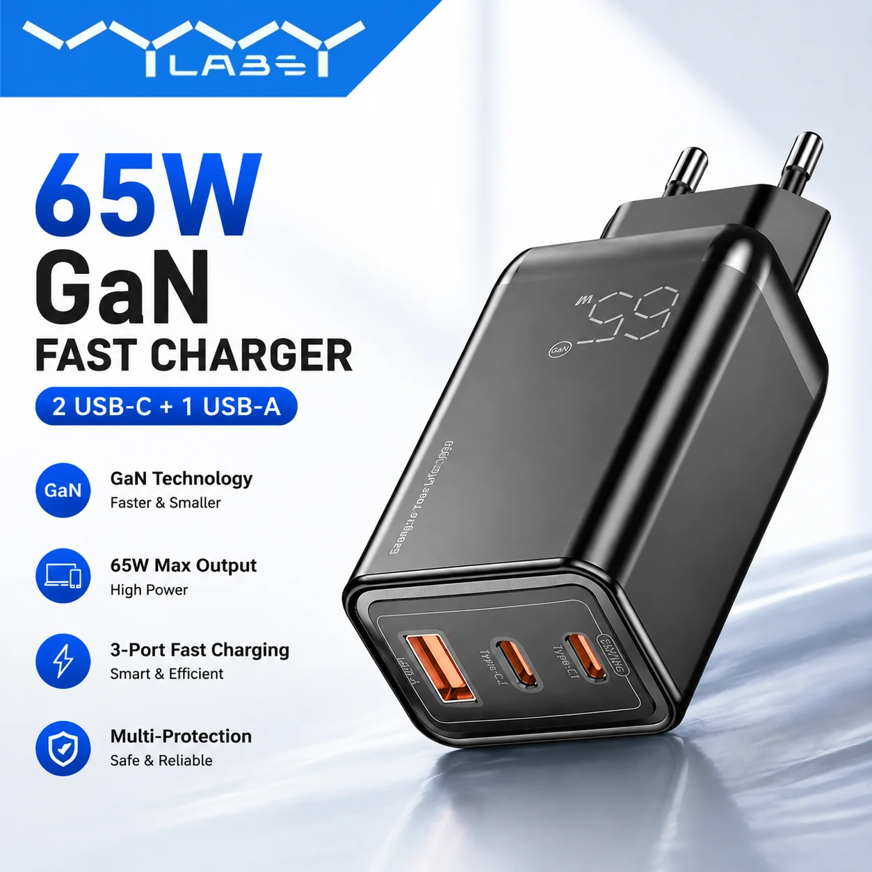 Vyvylabs 65W GaN Cube Schnellladegerät EU-Stecker 2 USB-C 1 USB-A Multi-Port PD QC Schnelllade-Netzteil für Laptop, Notebook, Tablet, für iPhone, Samsung, Xiaomi, Huawei, OnePlus, für iPad, Macbook,