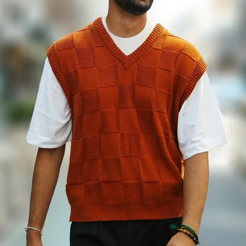 

Spring Summer New Men's Sweater Vest V-Neck Sleeveless Plaid Knit Pullover Street Vest for Men