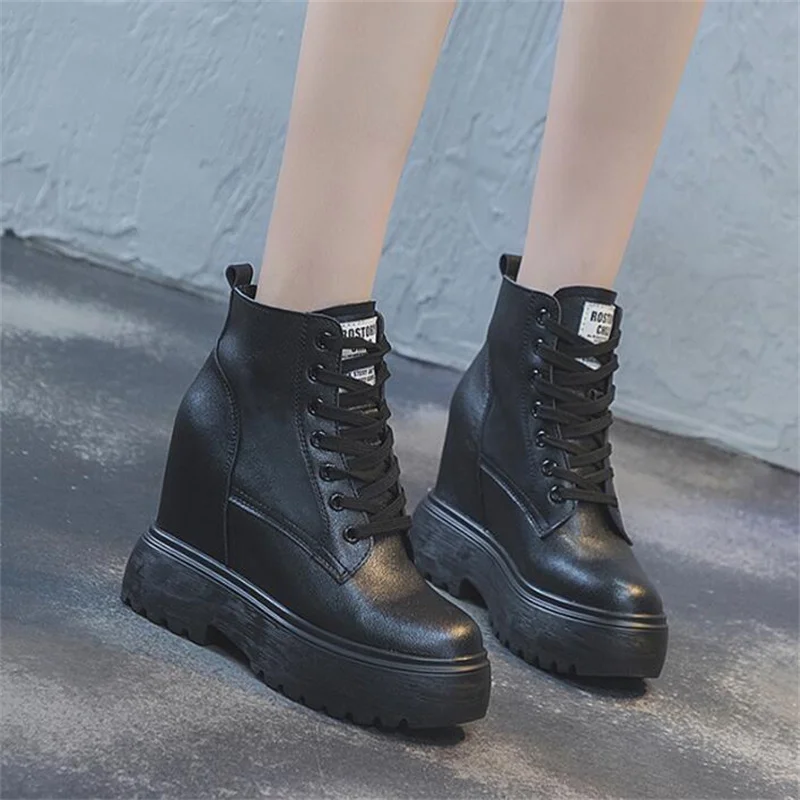 11cm Cow Genuine Leather Winter Plush Autumn Women Boots Knee High Platform Wedge Pumps Spring Hidden Heels Black Fashion Shoes