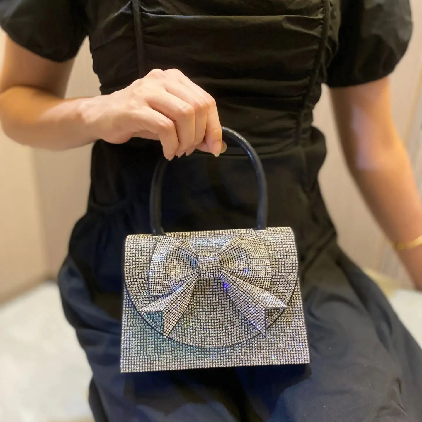 Sparkly Diamond Bow Knot Handbag Women Luxury Evening Clutch Bag Wedding Party Prom Crossbody Shoulder Purse Small Hand Bags