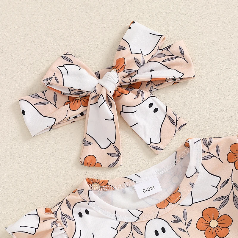 3-Piece Baby Girls Halloween Set Ghost Print Long Sleeve Ruffled Romper Overalls Skirt Hair Band Outfits