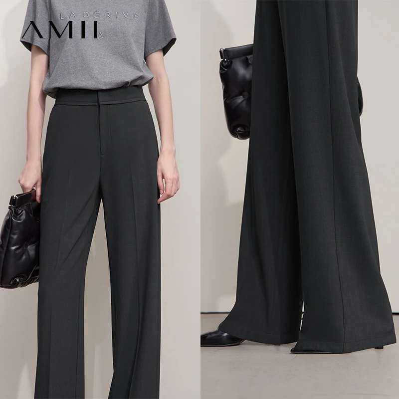 AMII Minimalistische Damen-Freizeithose 2025, Herbst, Pendeln, Business, luxuriöse schwarze Hose, leichte Stretch-Hose mit weitem Bein, 12553010