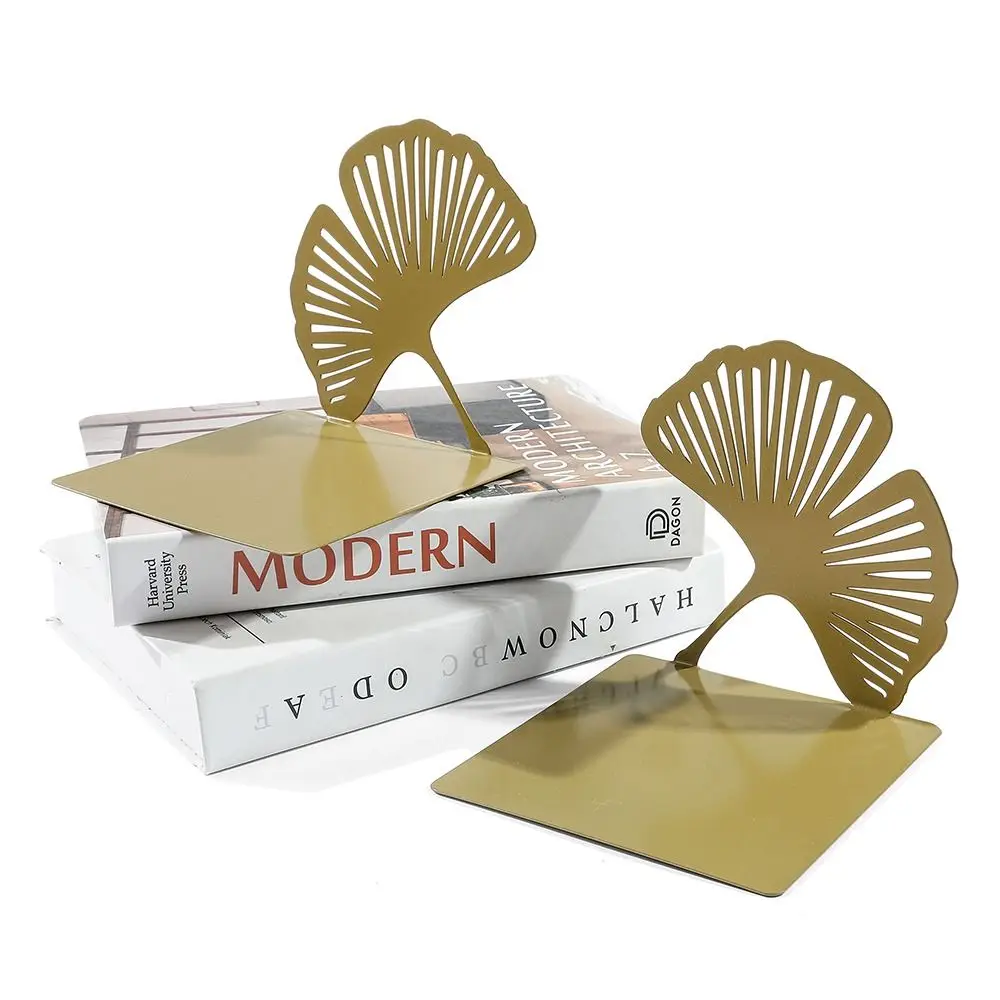 

Stylish L-shaped Folding Bookends Hollow Out Creative Ginkgo Leaf Bookshelf Durable Light Luxury Metal Book Rack Students