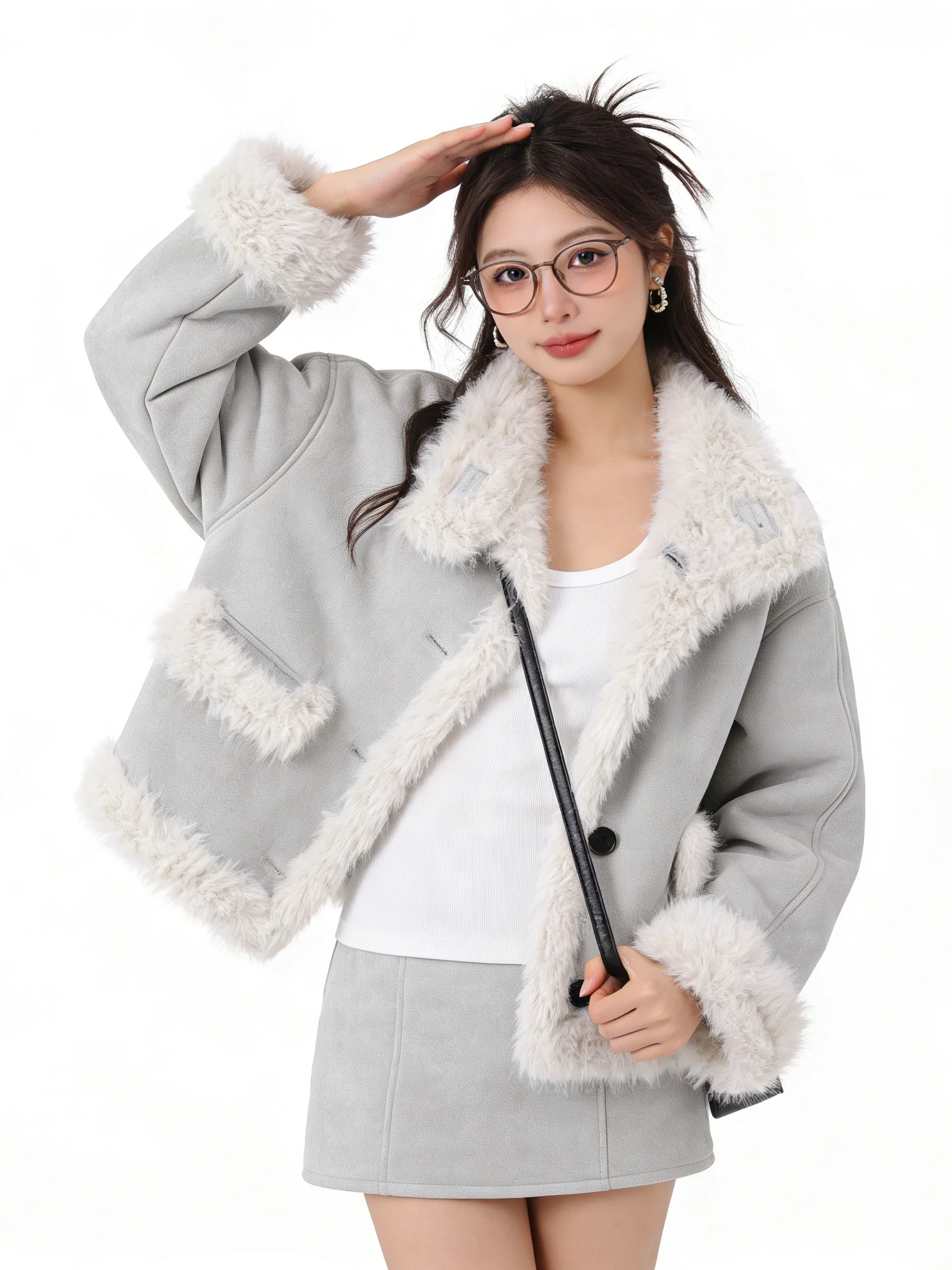 Koreańska kurtka ze stójką, niebieska, vintage, zamszowa, z podszewką z polaru, krótka, z futrem i skórą, ocieplana, luźna, bawełniana.