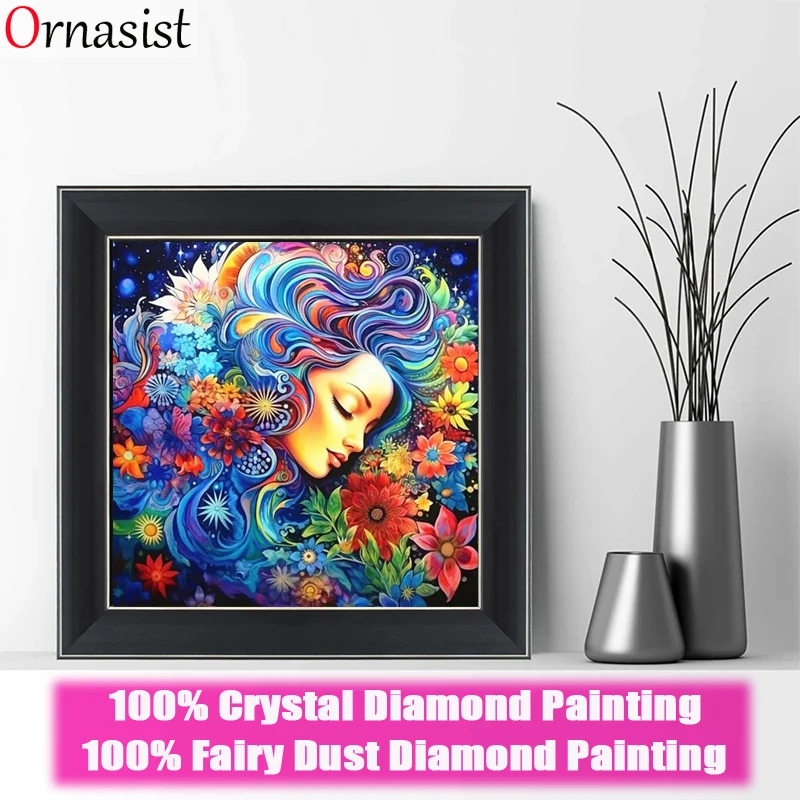 Full Fairy Dust Diamond Painting Portrait Crystal Mosaic Girl AB Diamond Embroidery Flower Cross Stitch Picture Handicraft