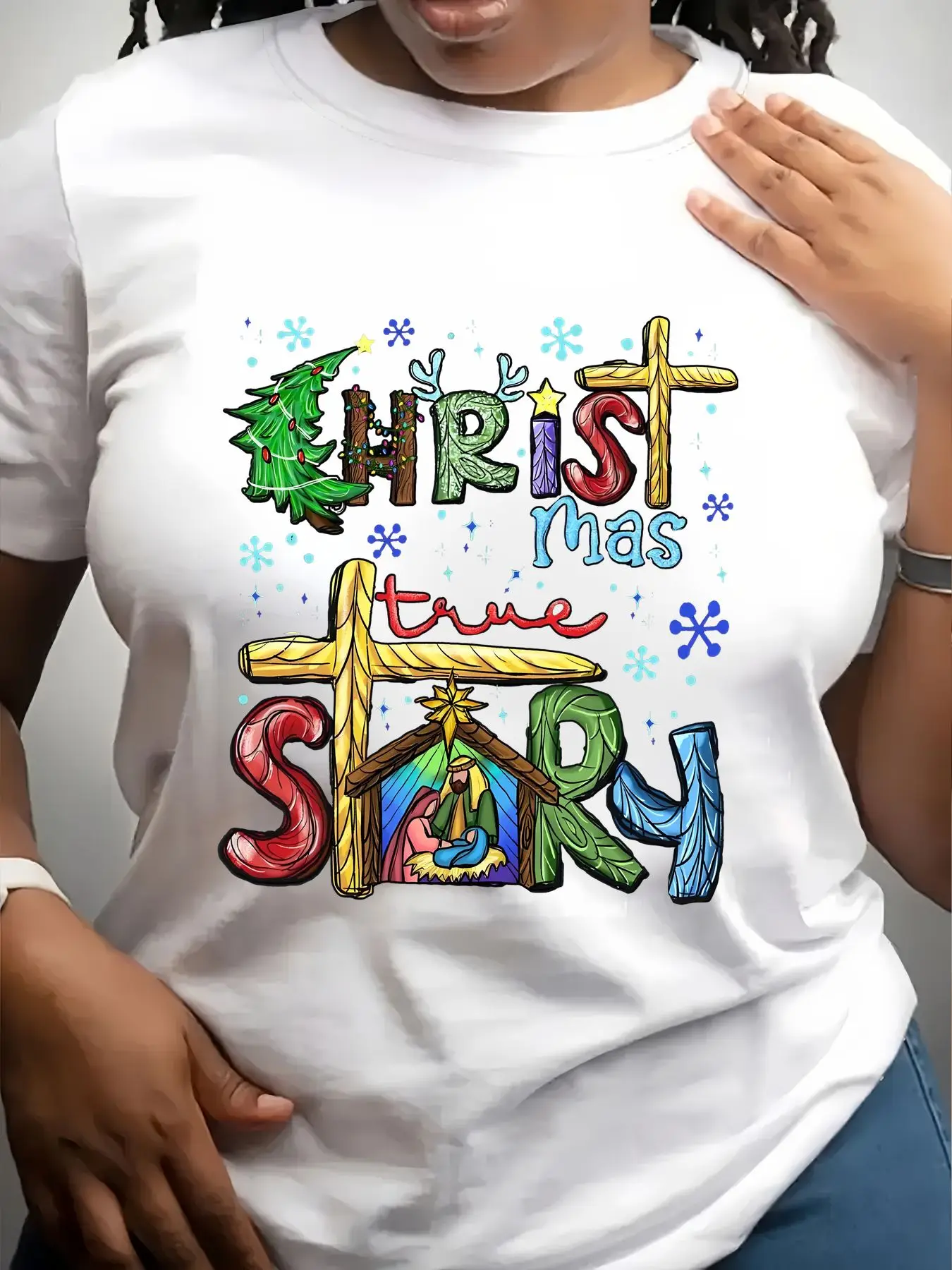 Women's Trendy Crew Neck T-Shirt Christ Mas True Story Design Suitable for Casual Sportswear