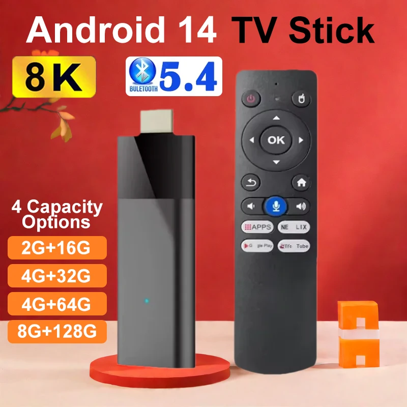 

Android14 TV Stick Q12 Quad Core Support BT5.4 HD 8K 2.4&5G Dual Wifi 8GB 128GB Large Memory Google Voice Streaming Media Player