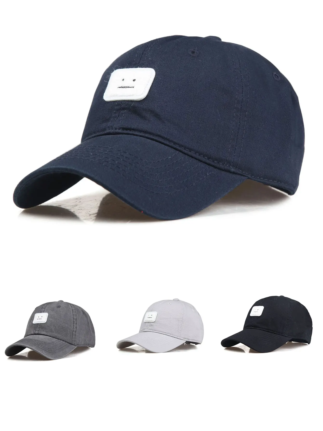 Simple Men Smiley Leather Label Baseball Cap Adjustable Curved Brim Peaked Hat Sun Protection Cap For All Seasons Outdoor Use