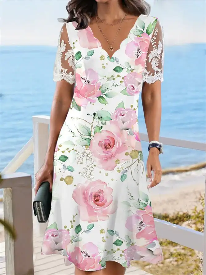 Plus Size Women's Floral Printed Lace Short Sleeve V-neck Midi Dress