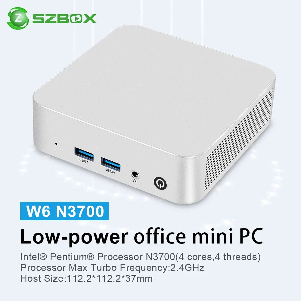 SZBOX W6 Mini PC Intel N3700 MINI PC Windows 10 SO-DIMM RAM 8GB 128GB SSD RJ45 1000M LAN M.2 SATA3*2 Desktop Computer