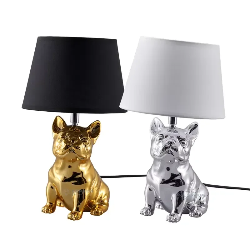 Modern French Bulldog Resin Table Lamp with Fabric Shade Cute Animal Night Light for Bedroom Living Room Home Decor Gift