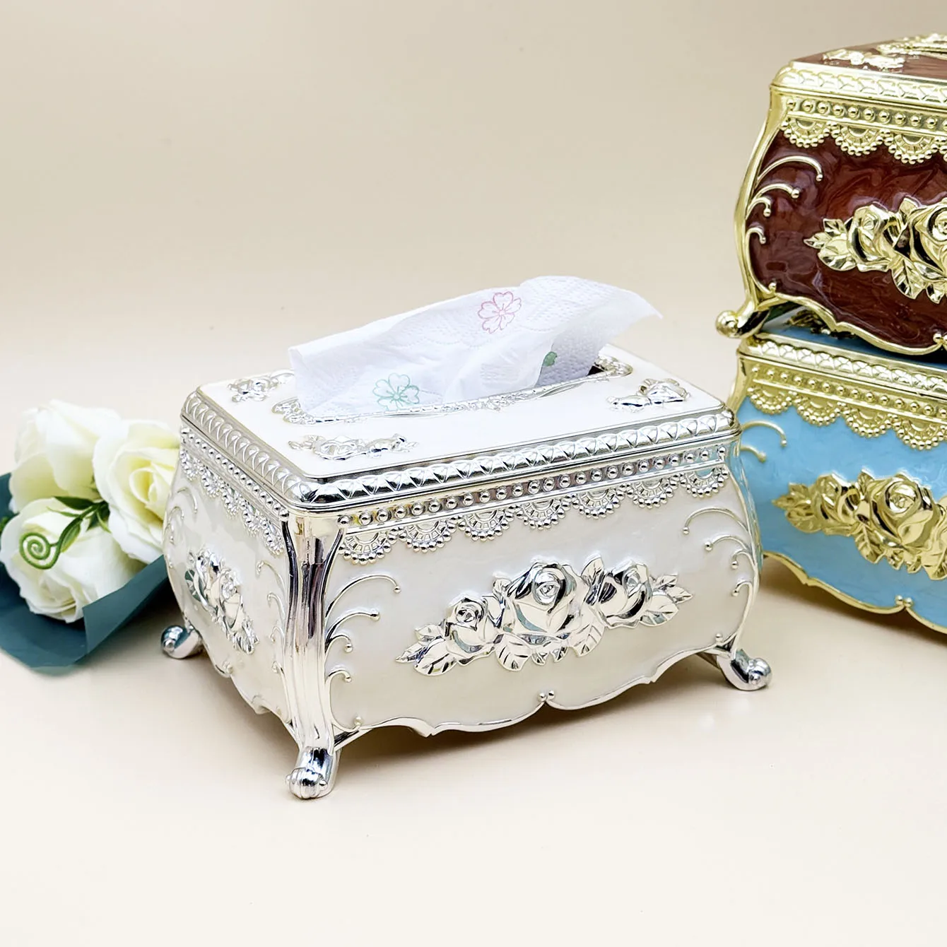 European Rose Tissue Box, Home Kitchen, Living Room, Bedroom, Dining Room Napkin Extraction Box, Desktop Decoration Storage Box