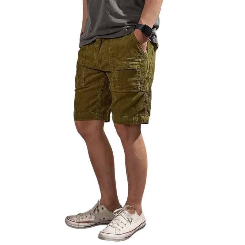 Summer Cargo Men\'s Shorts Retro Corduroy Trendy Solid Color Loose Casual Sports Straight Shorts Large Size Multi-pocket Shorts