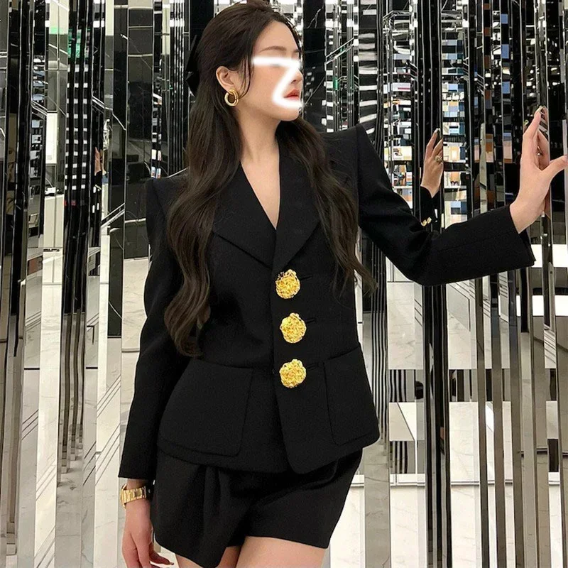 Plus Size High Quality 2024 New Fashion Fall Winter Office Womens Full Sleeve Big Bold Metal Button Pocket Casual Black Blazer