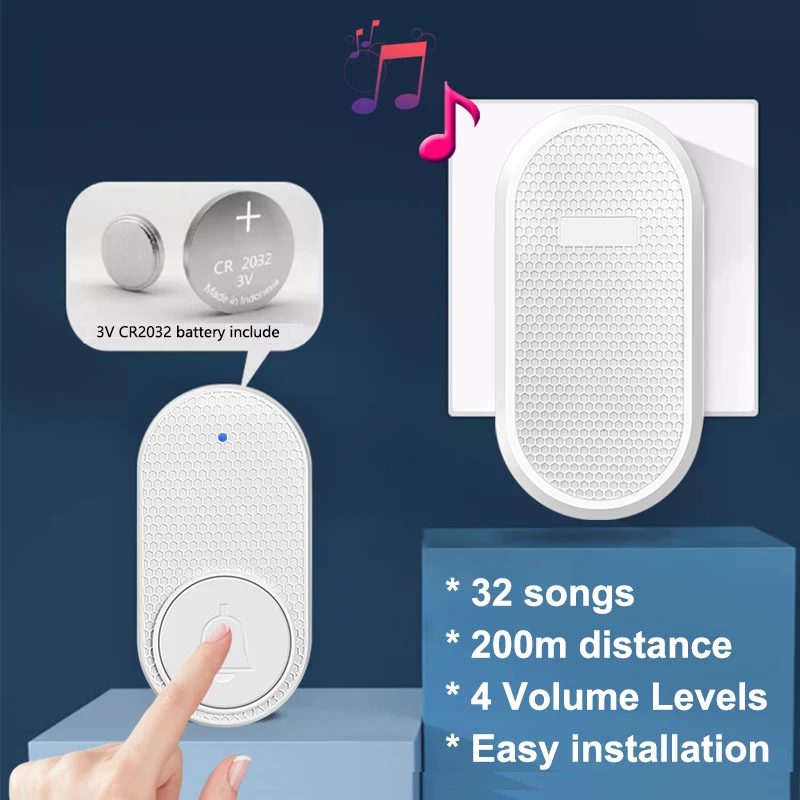 Wireless Doorbell EU US Plug Welcome Chime Home Door Bell Intelligent 32 Songs Smart Melodies Alarm With Battery 4 Volume Levels