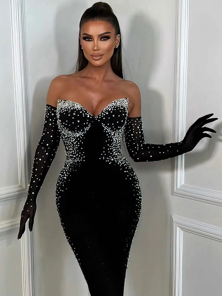 Black Velvet Long Dress Strapless Backless  Maxi Prom Cocktail  Pearls Embellished Party Evening Gown with Gloves Vestidos