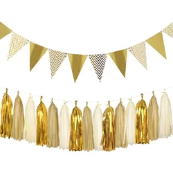 Metallic Gold Beige Khaki Tissue Paper Tassels Sparkly Pennant Banner Triangle Flags Bunting for Gold Birthday Party Decorations
